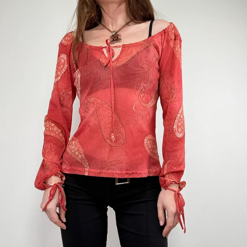 sheer paisley slouchy off-the-shoulder mesh blouse