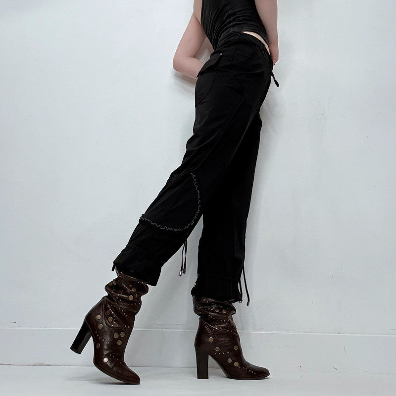 black grunge gothic cinched style ruffle capri pants