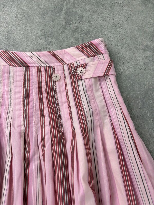 pink cotton pleated pinstripe flared midi skirt