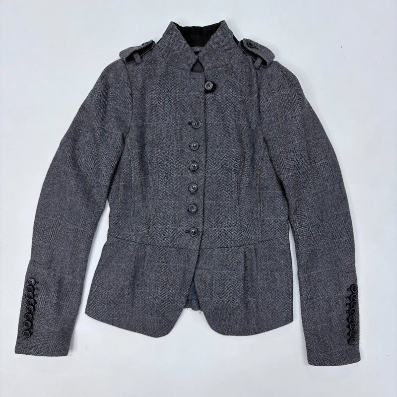 grey fitted flared high neck military jacket
