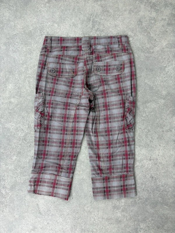 tartan checked red cargo denim capri pants