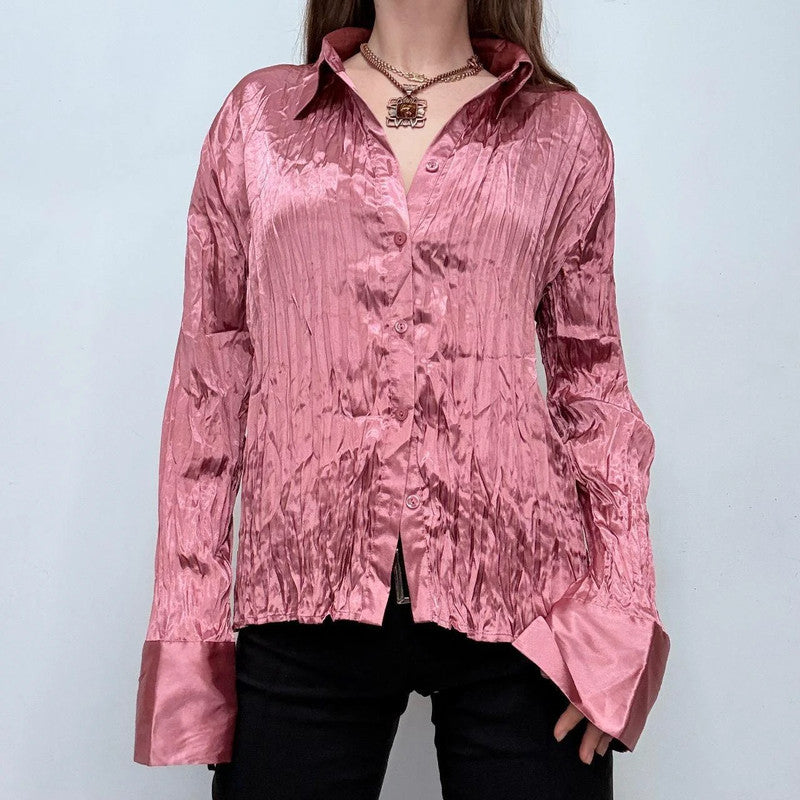 pink crinkle flared shirt