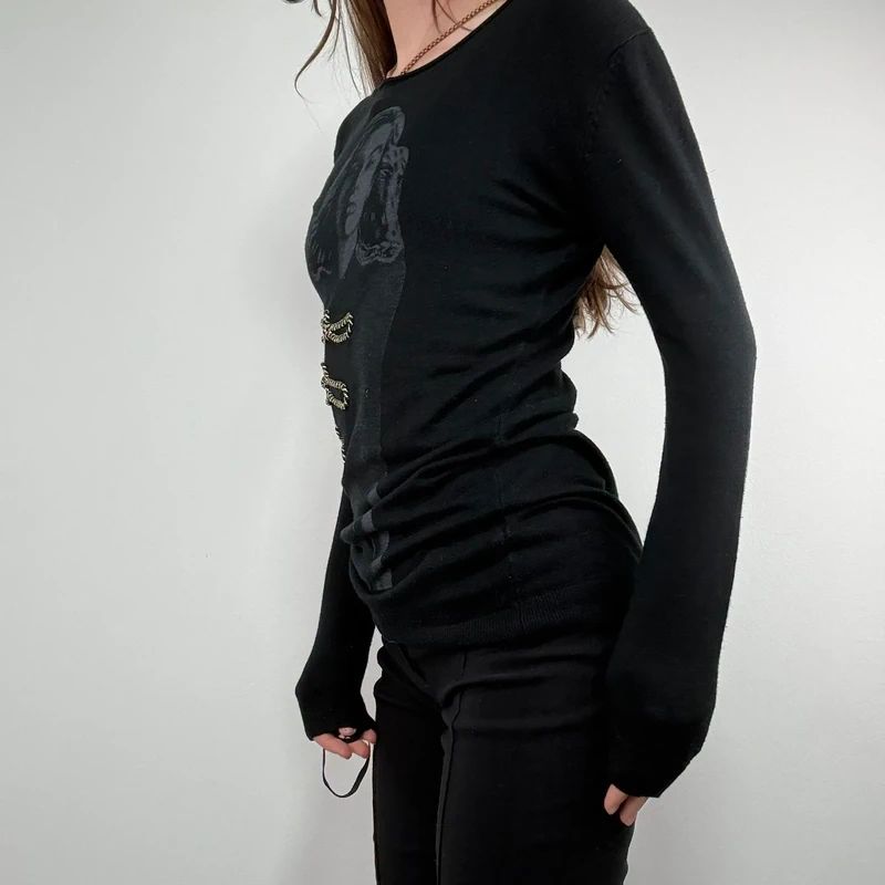 black long sleeve printed nepolion detailed t-shirt