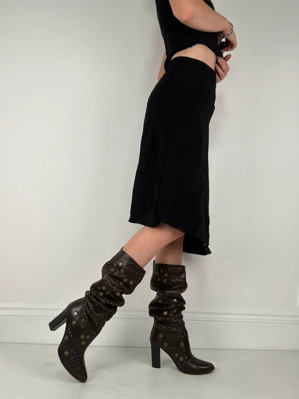 black asymmetric lace panelled midi skirt