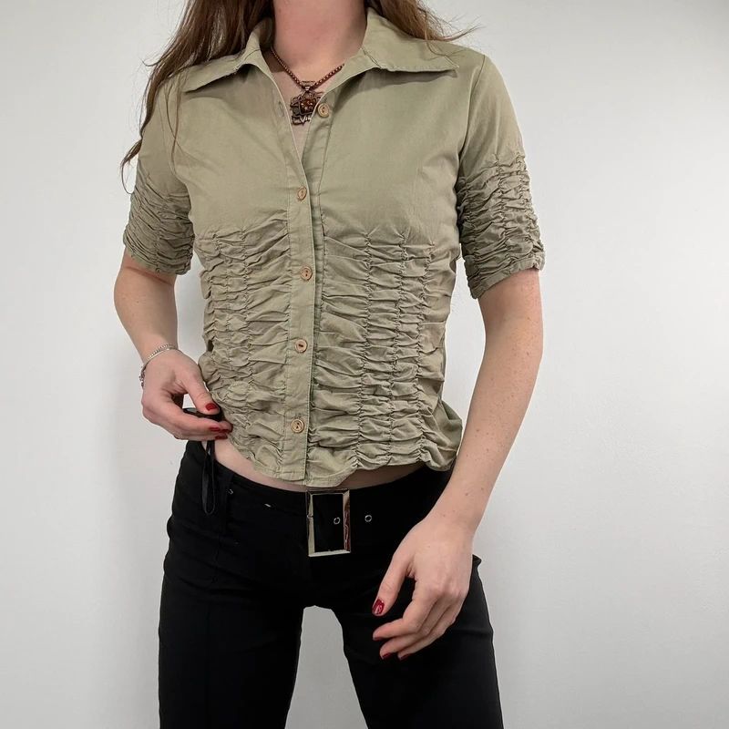 gathered khaki pleated shirt