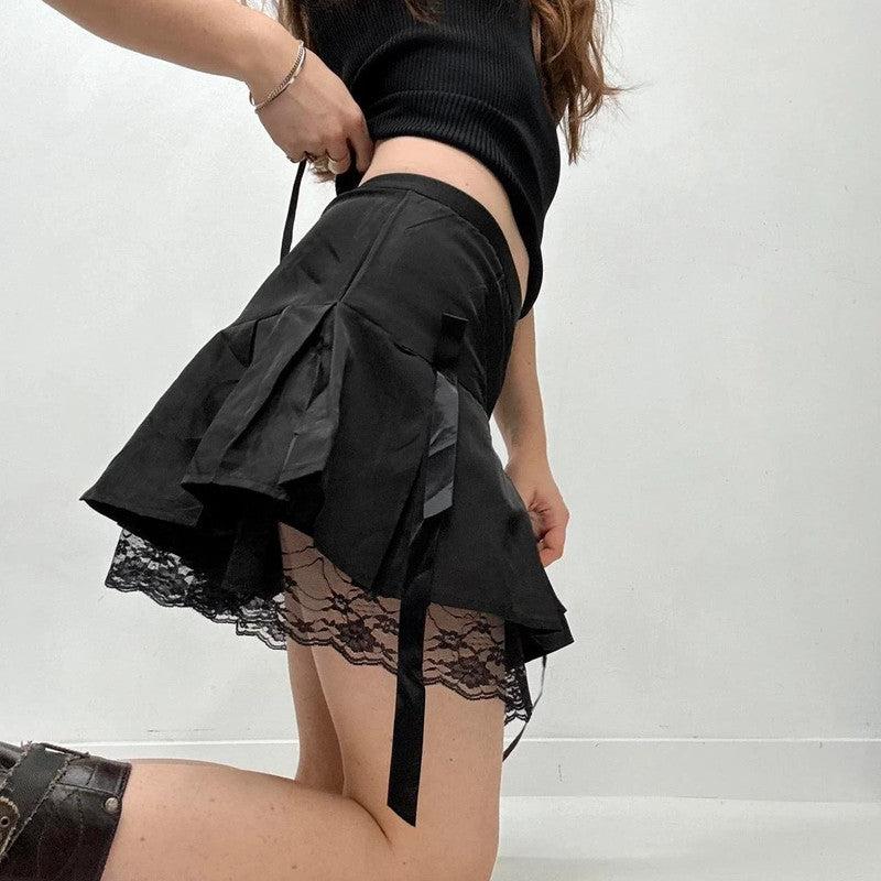 black lace flared mini skirt