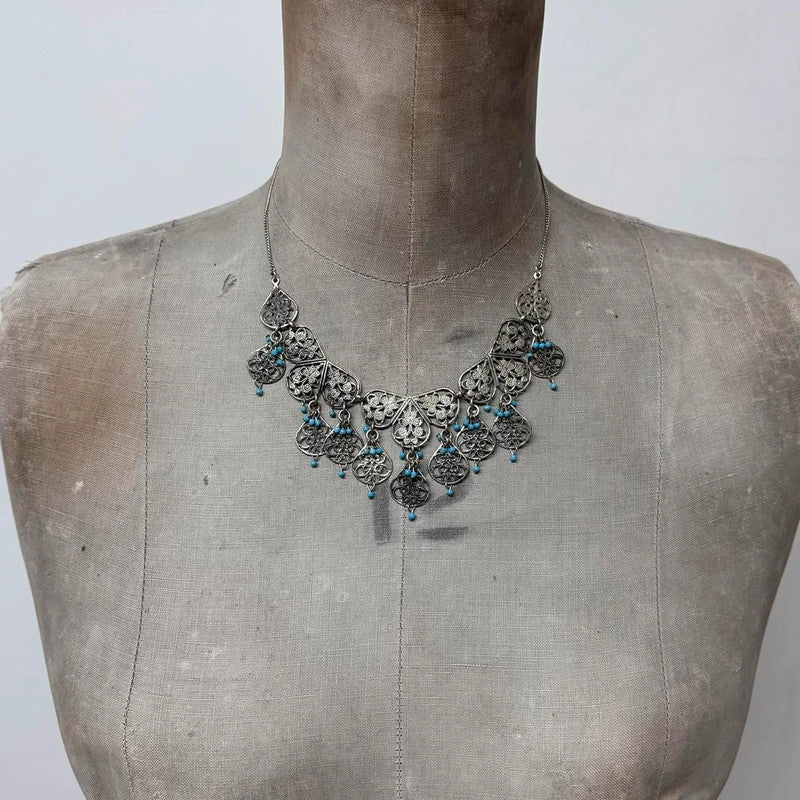 silver boho wire flower necklace