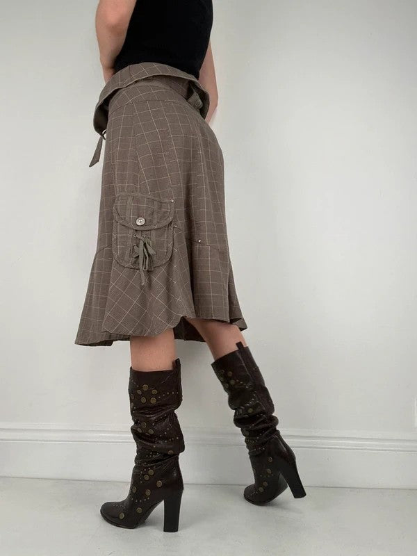 brown tartan low rise flared midi skirt