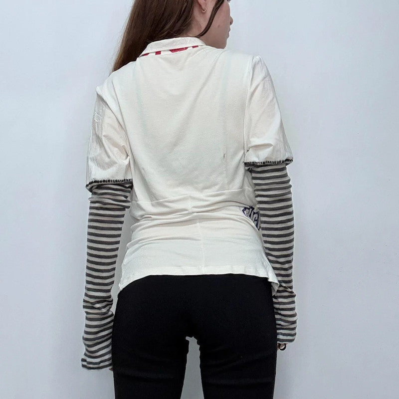 white graphic appliqué puff striped shirt