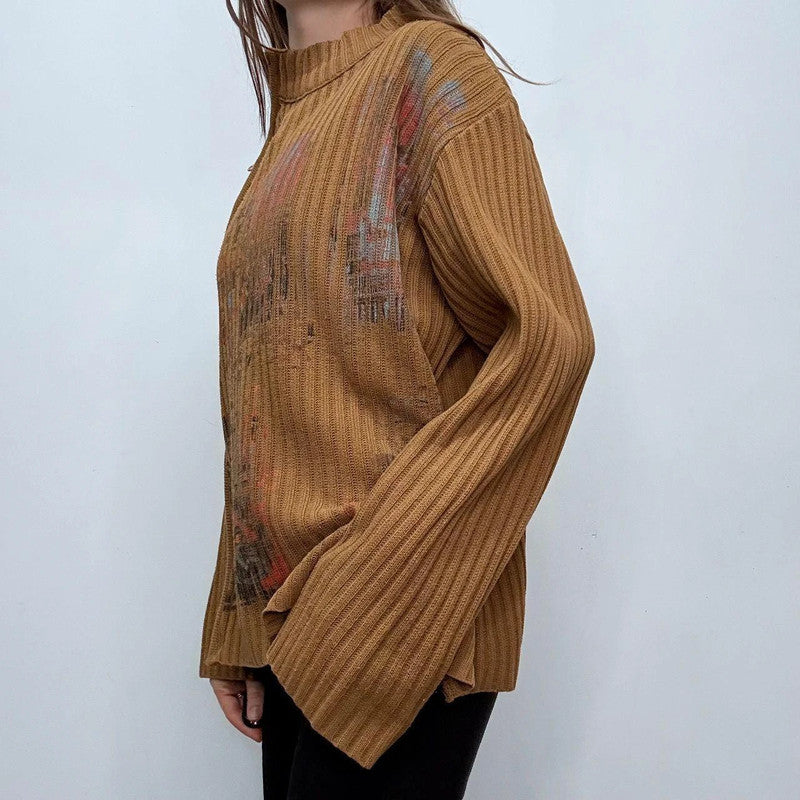 tan ribbed flared asymmetric-zip jumper