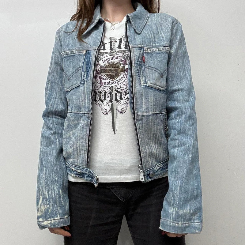 distressed patched denim jacket