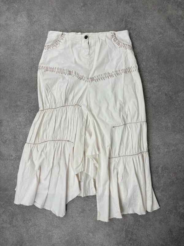 pleated white asymmetric flared maxi skirt