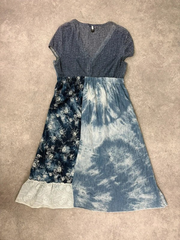 Floral lace blue flared patchwork midi dress