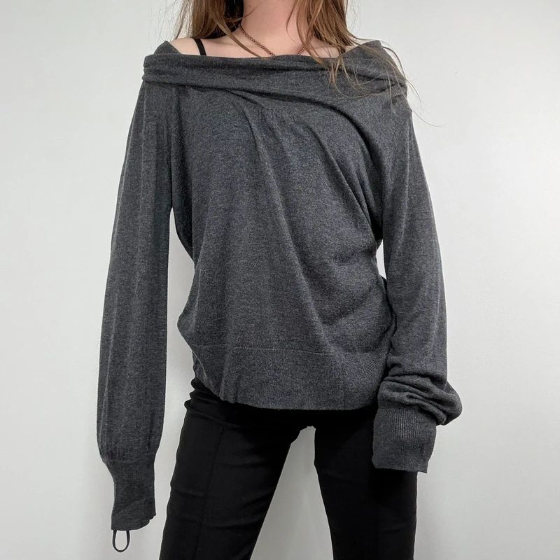 grey slouchy knit off-the-shoulder jumper, wool and silk blend