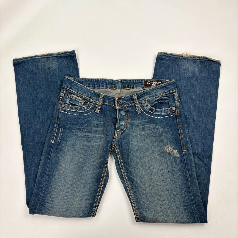 distressed denim low rise flared jeans