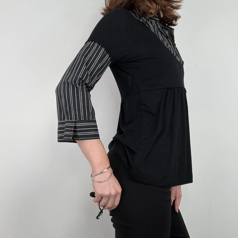 black pinstripe layered flared shirt