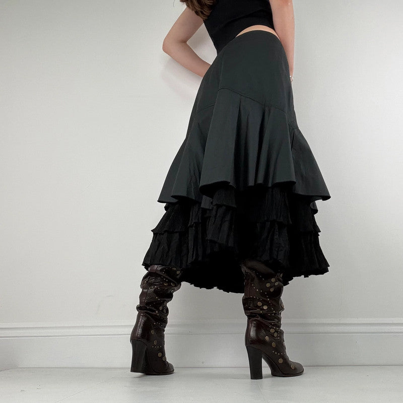 black pleated layered flared midi skirt