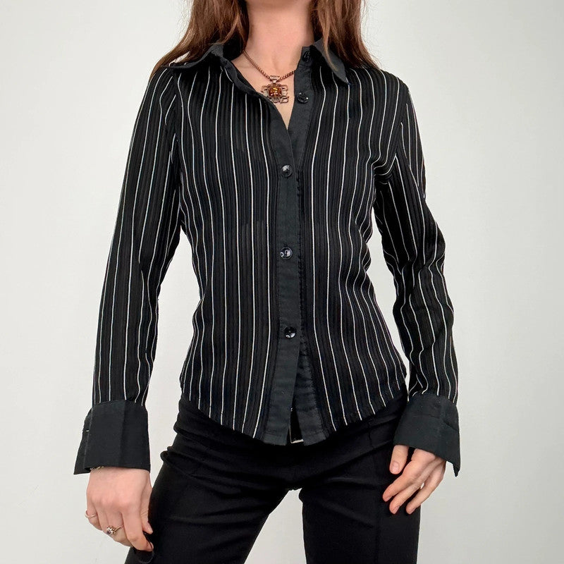 black fitted pinstripe shirt