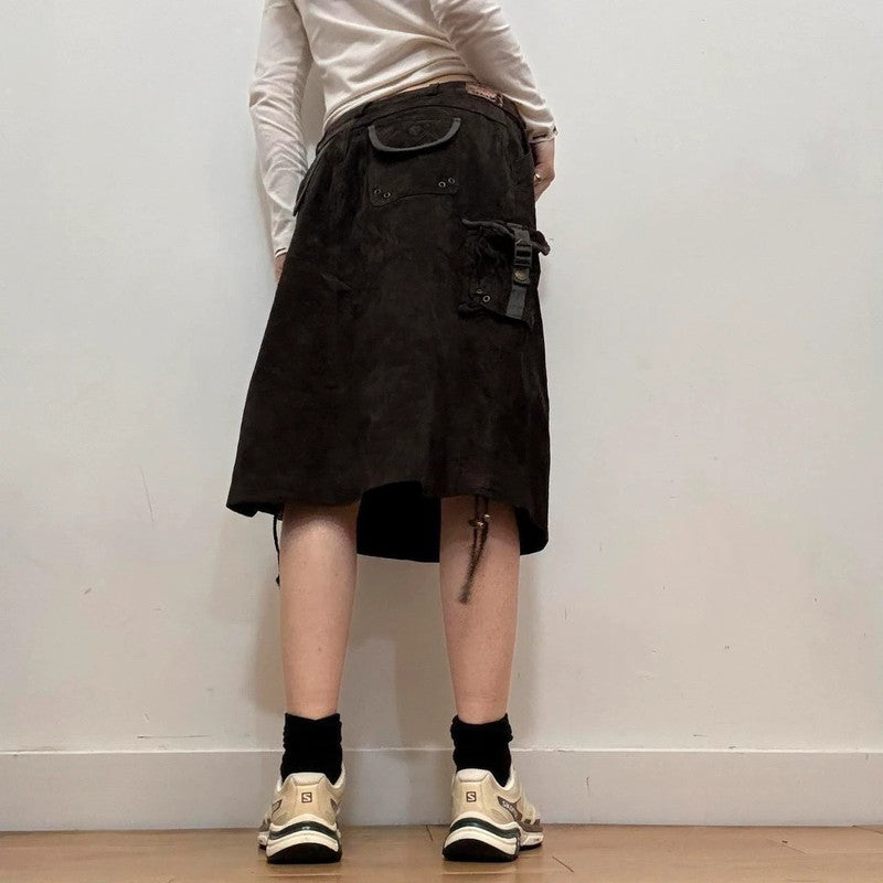 brown suede cargo midi skirt