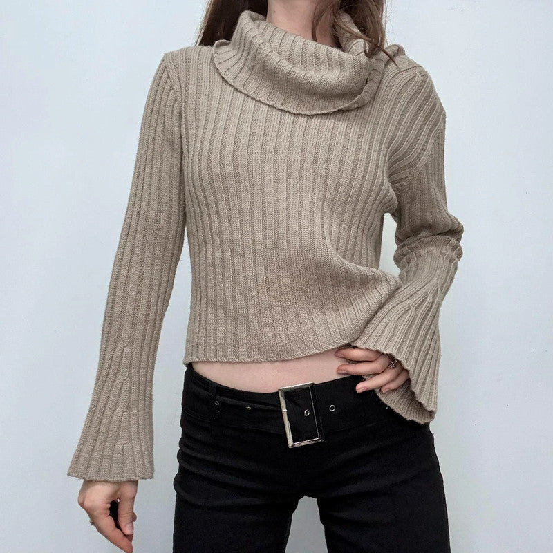 tan ribbed flared fold-over neck jumper