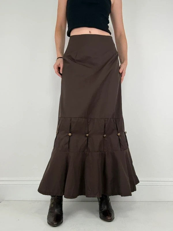 brown flared studded pleated maxi skirt