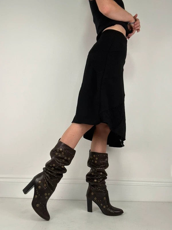 black asymmetric lace panelled midi skirt