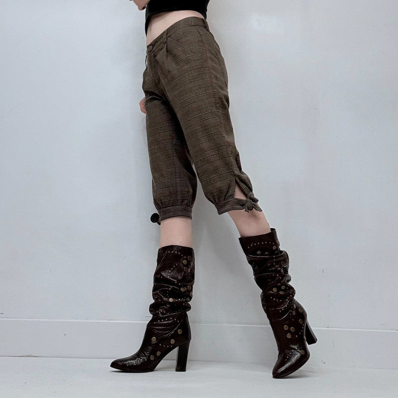 brown tartan preppy cropped puff capri pants