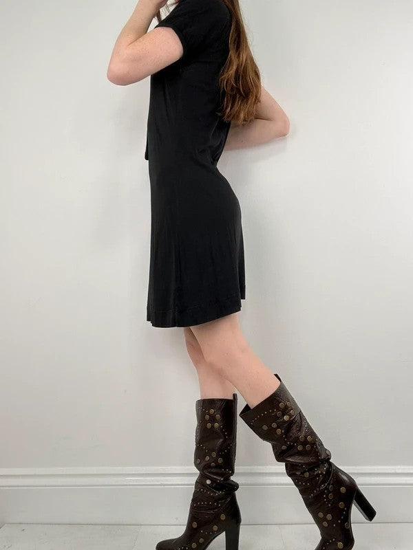 slouchy black bow neck mini dress