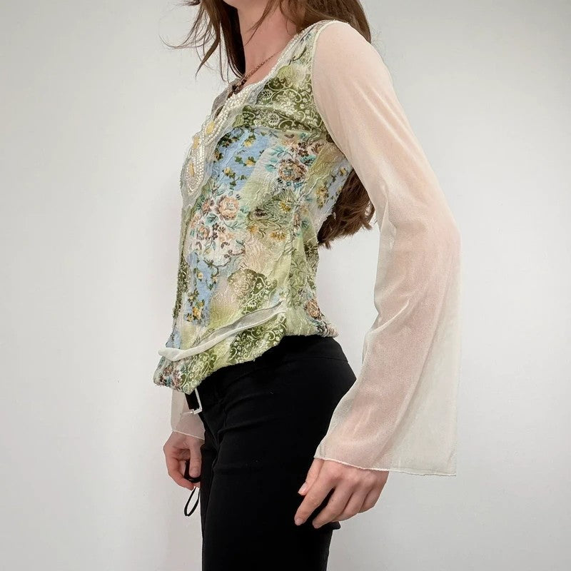 Mesh boho flare paisley print blouse t-shirt