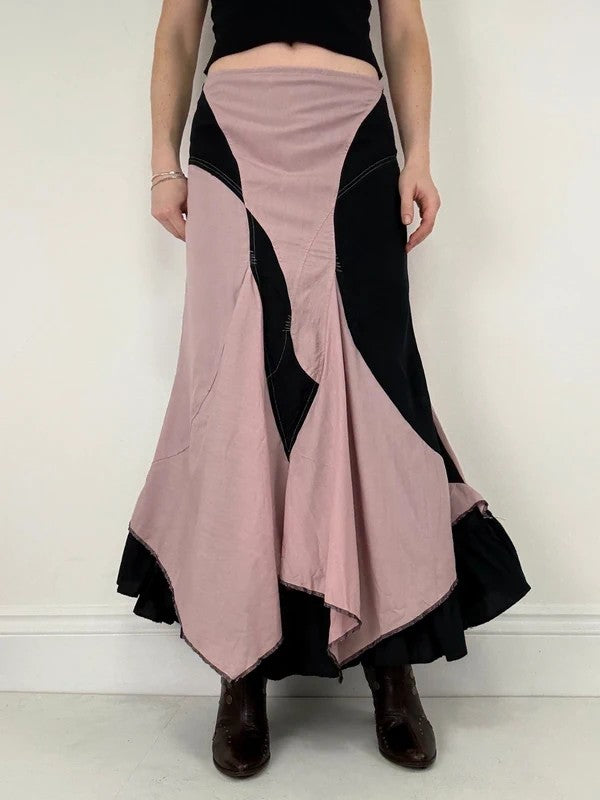 pink and navy gathered asymmetric flared maxi skirt