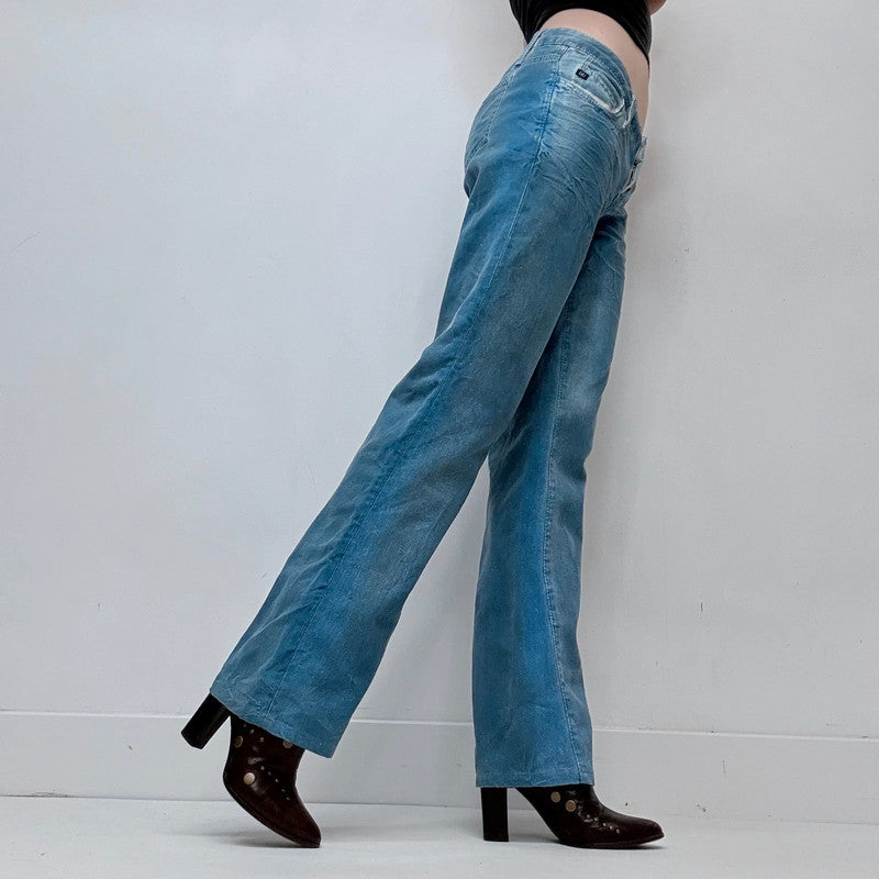 low-rise distressed blue crinkle jeans