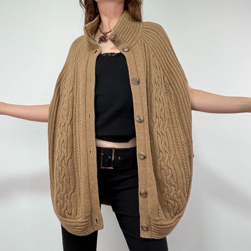 Tan Cable Knit Cape Cardigan