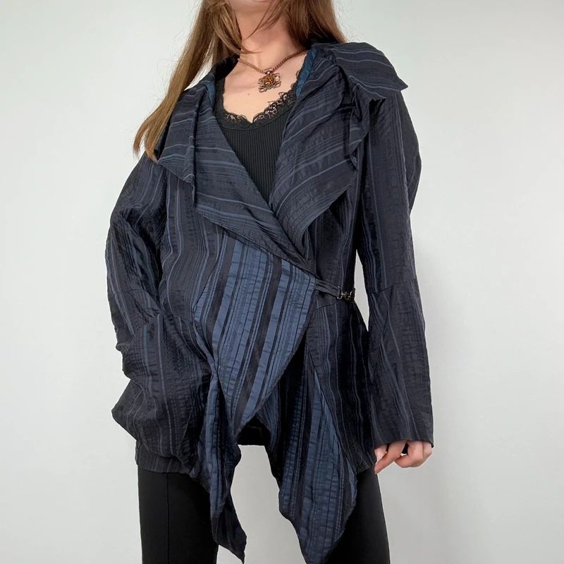 Navy Pinstripe Asymmetric Ruffle Jacket
