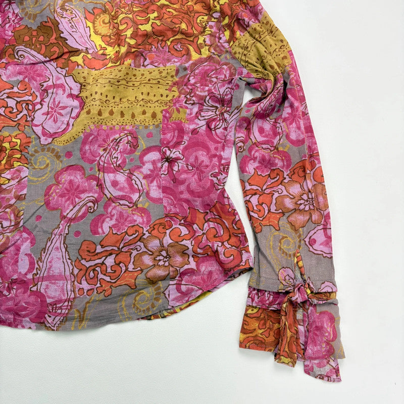 pink and brown floral printed flared shirt