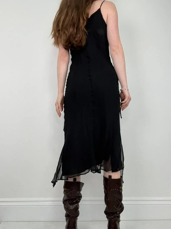 black silk bias cut layered flutter dress