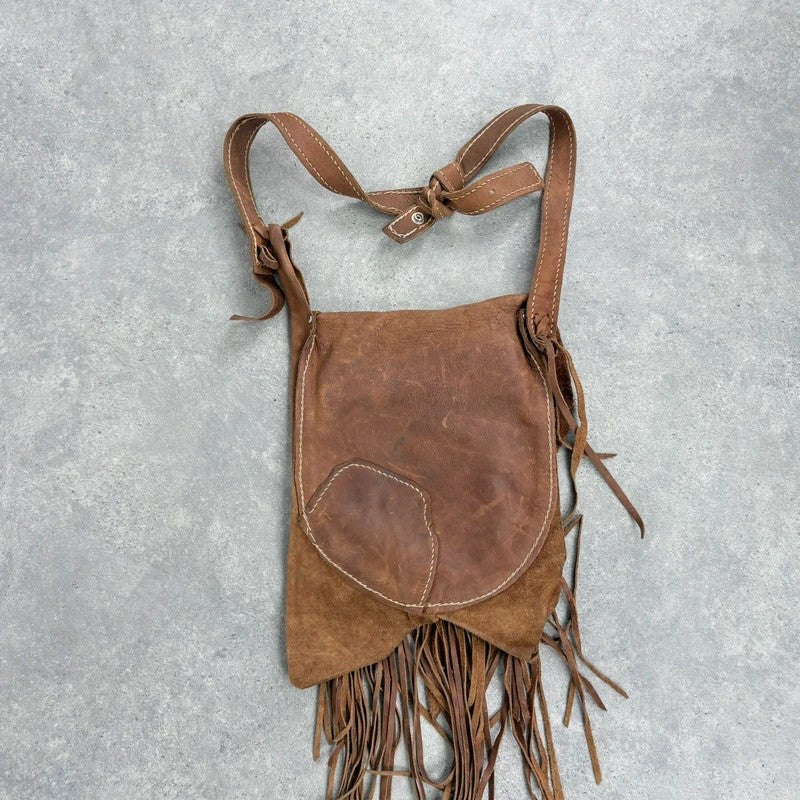 Vintage tan boho fringe satchel suede bag