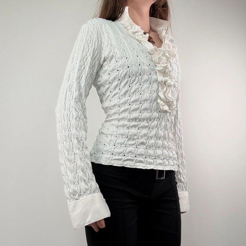 textured white fitted ruffle shirt