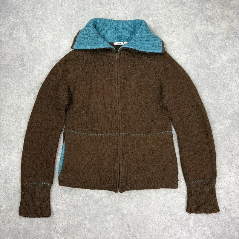brown knit flared zip through cardigan
