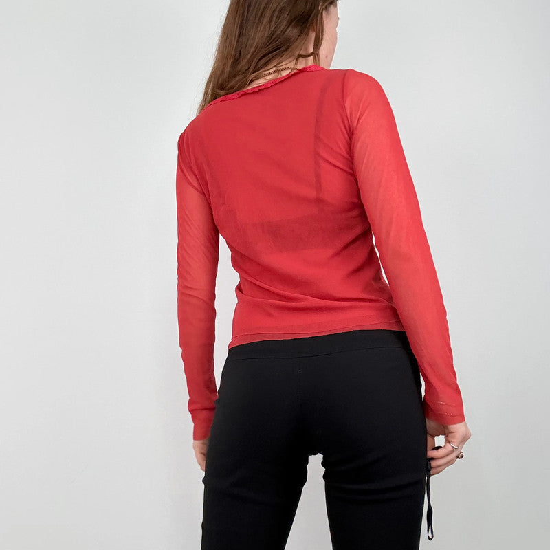 red sheer mesh layered long sleeve t-shirt