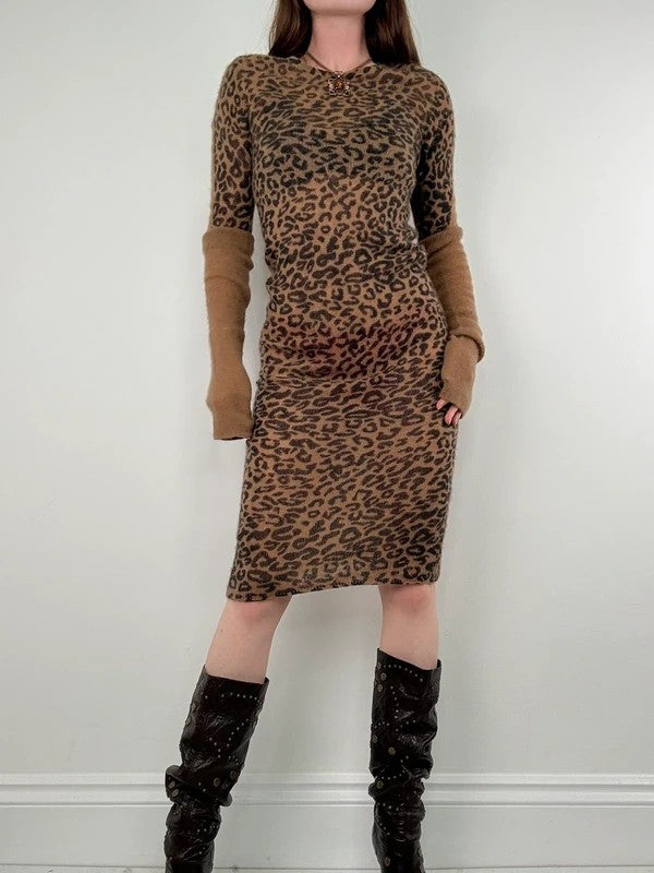 sheer knit long sleeve slouchy leopard printed dress