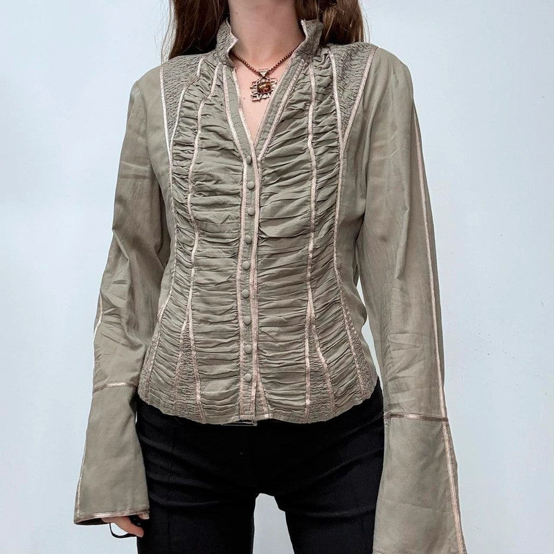 khaki gathered lace corset shirt