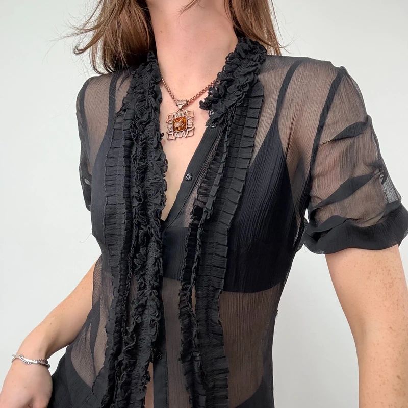 black sheer silk ruffle shirt with short sleeves