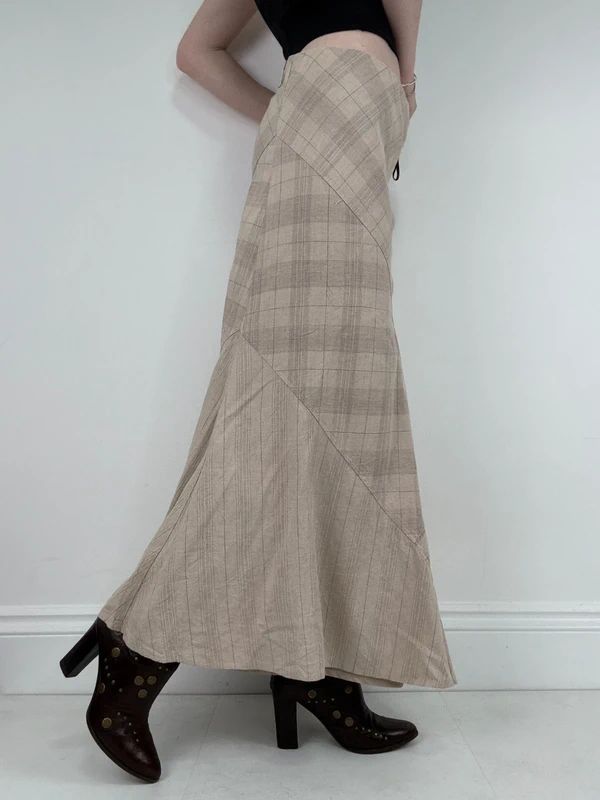 beige linen tartan flared checked maxi skirt