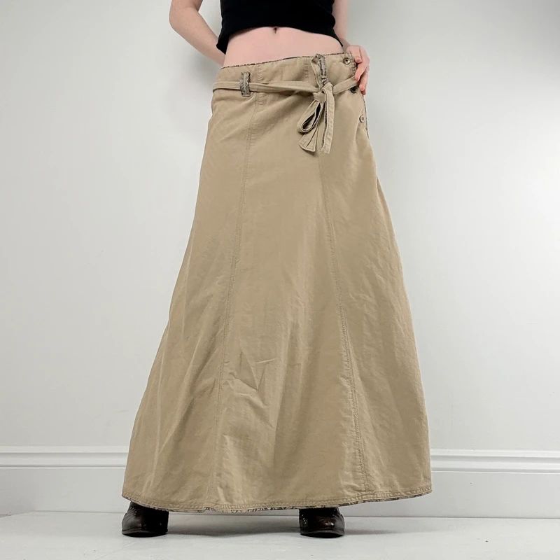tan linen flared maxi skirt