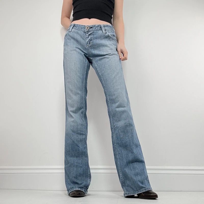 distressed flared leg low rise jeans