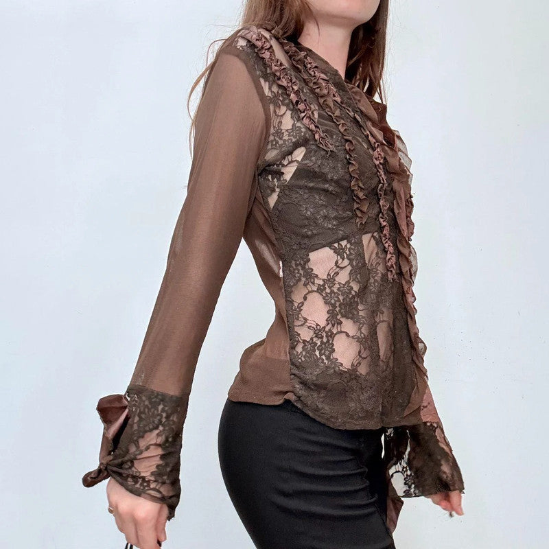 brown lace sheer grunge shirt