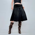 black pleated drop waist midi skirt