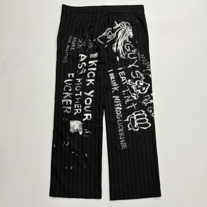 black pinstripe graphic text trousers