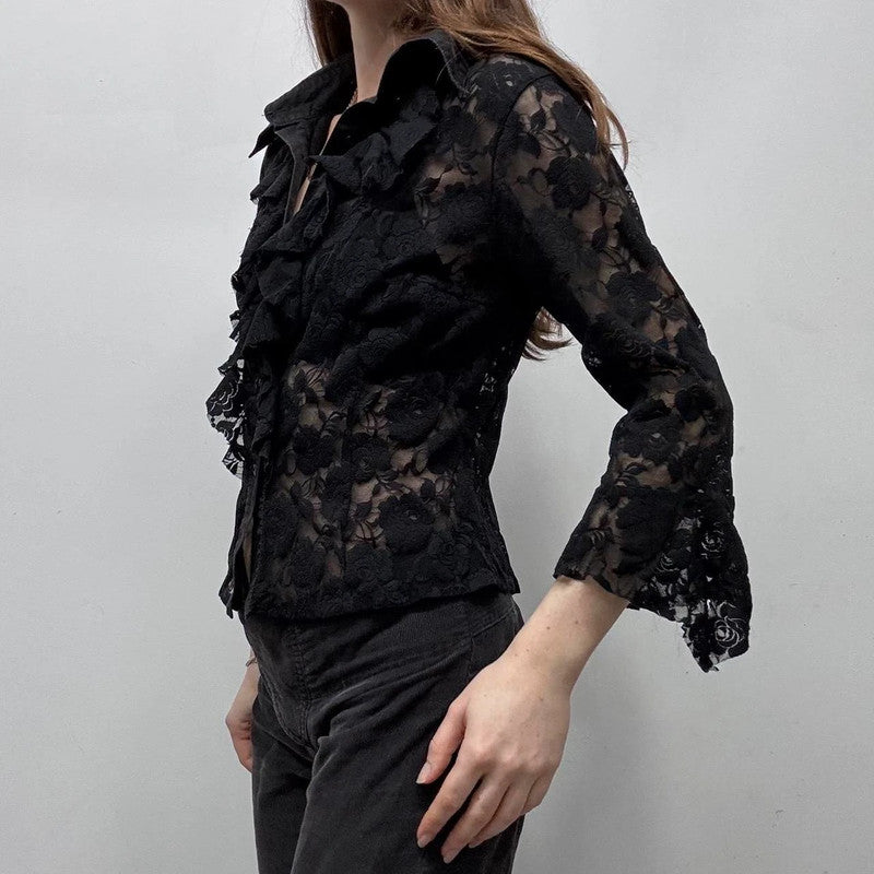 black sheer lace flared shirt