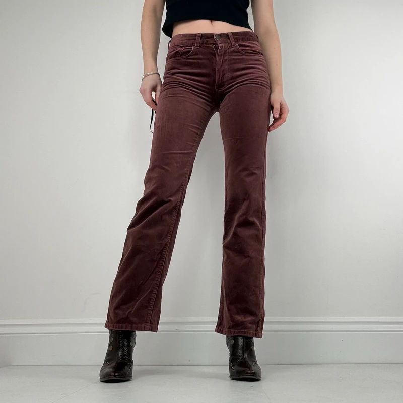 burgundy flared leg velour trousers